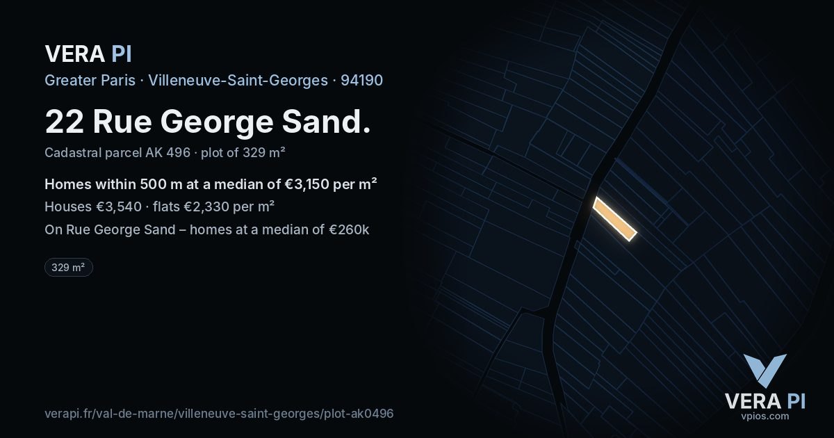 22 Rue George Sand, Villeneuve-Saint-Georges at night – the plot lit, the parcels around coloured by the prices near them