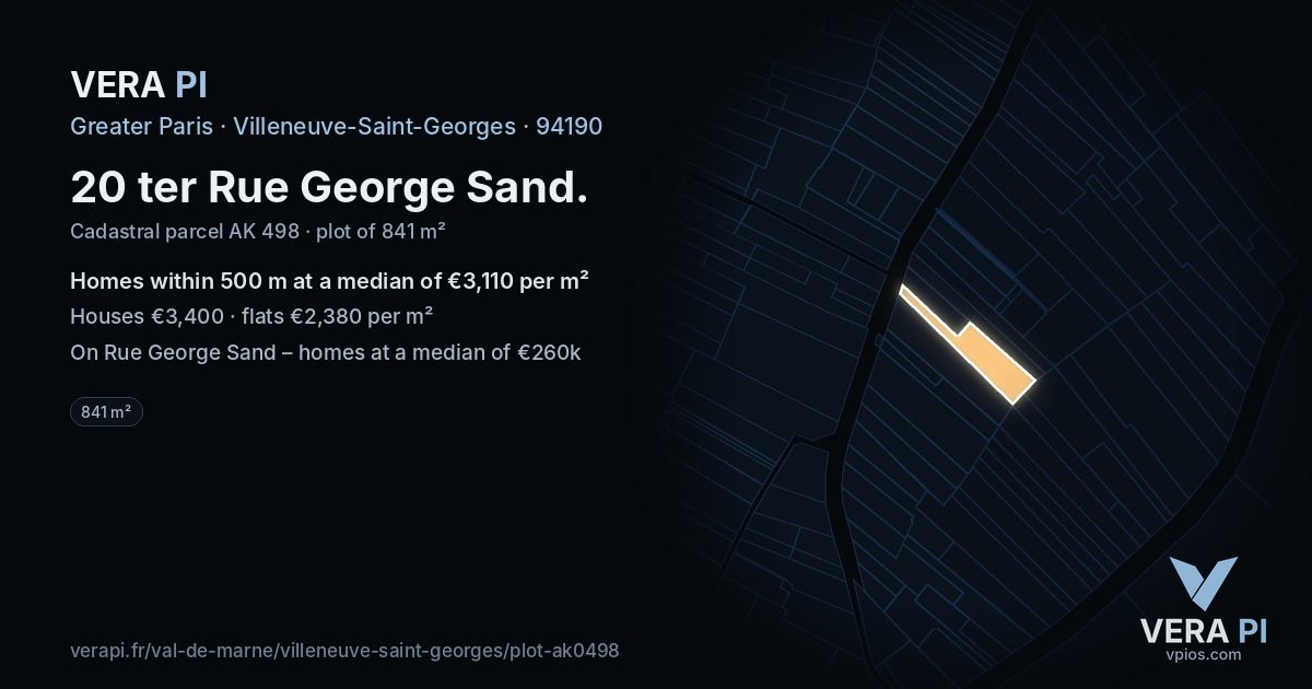 20 ter Rue George Sand, Villeneuve-Saint-Georges at night – the plot lit, the parcels around coloured by the prices near them