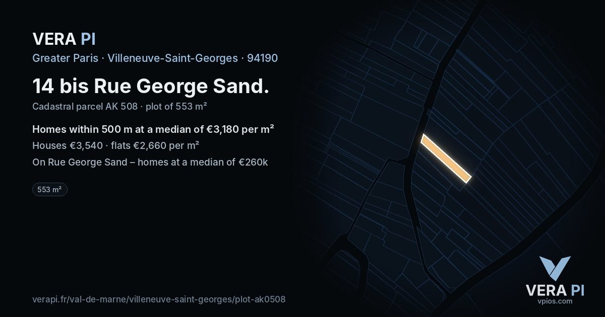14 bis Rue George Sand, Villeneuve-Saint-Georges at night – the plot lit, the parcels around coloured by the prices near them