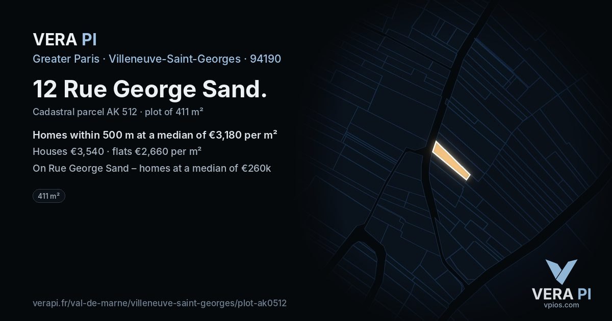 12 Rue George Sand, Villeneuve-Saint-Georges at night – the plot lit, the parcels around coloured by the prices near them