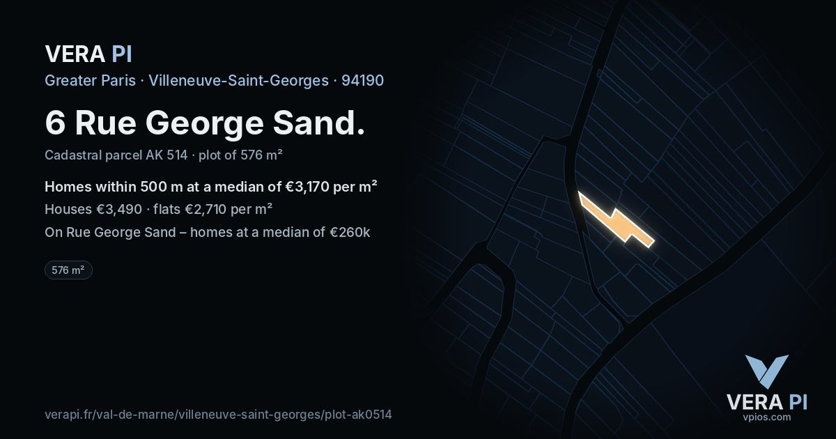 6 Rue George Sand, Villeneuve-Saint-Georges at night – the plot lit, the parcels around coloured by the prices near them