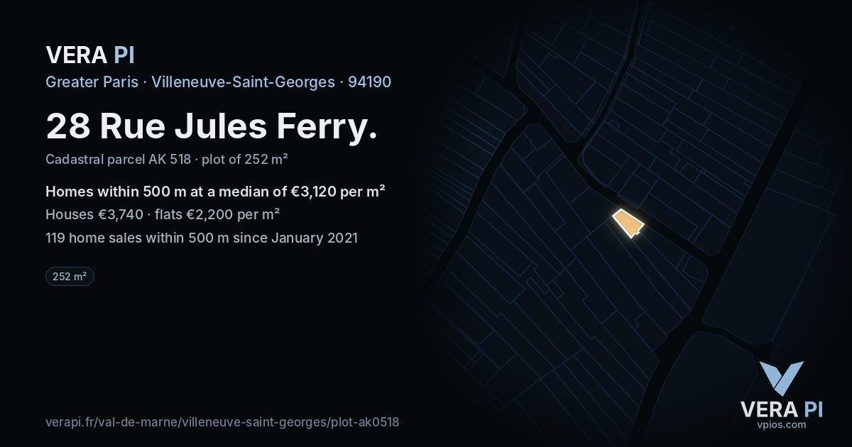 28 Rue Jules Ferry, Villeneuve-Saint-Georges at night – the plot lit, the parcels around coloured by the prices near them