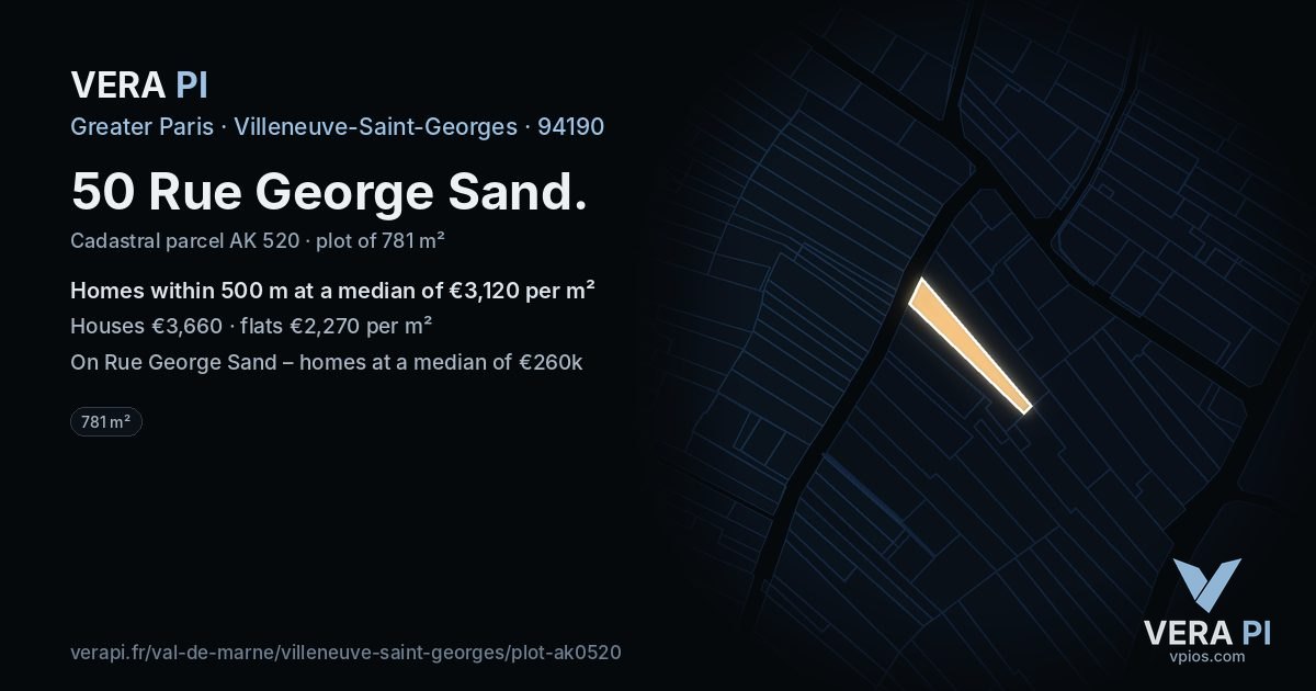 50 Rue George Sand, Villeneuve-Saint-Georges at night – the plot lit, the parcels around coloured by the prices near them