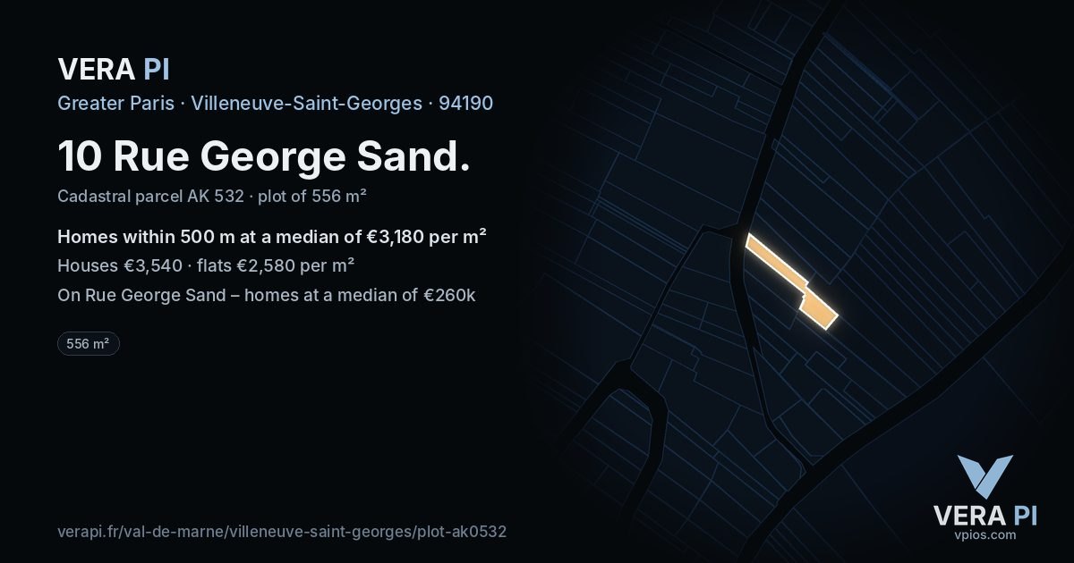 10 Rue George Sand, Villeneuve-Saint-Georges at night – the plot lit, the parcels around coloured by the prices near them
