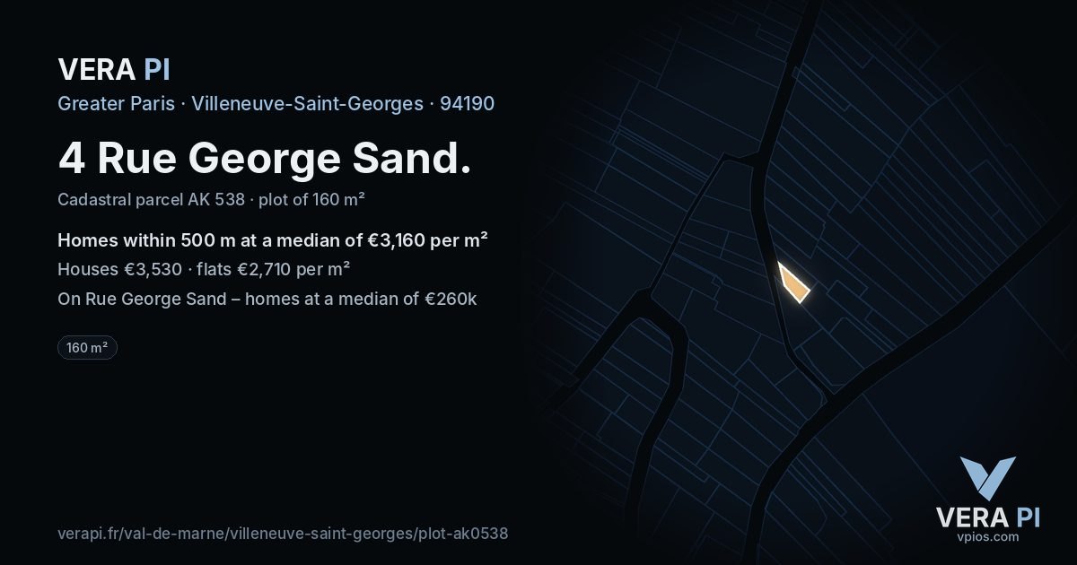 4 Rue George Sand, Villeneuve-Saint-Georges at night – the plot lit, the parcels around coloured by the prices near them