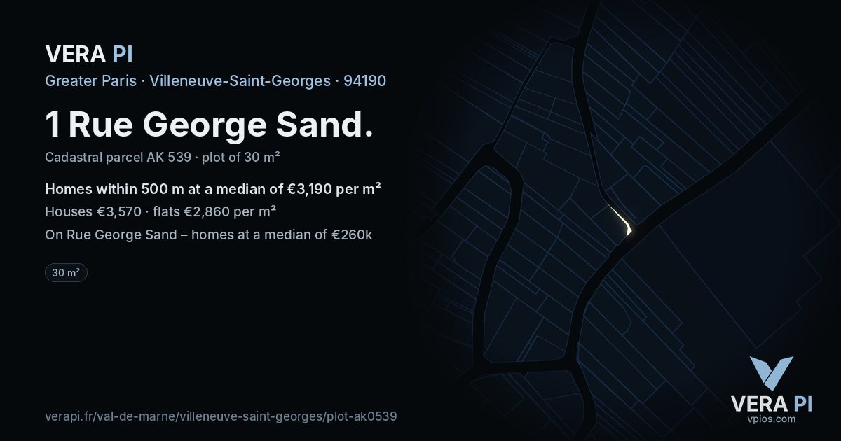 1 Rue George Sand, Villeneuve-Saint-Georges at night – the plot lit, the parcels around coloured by the prices near them