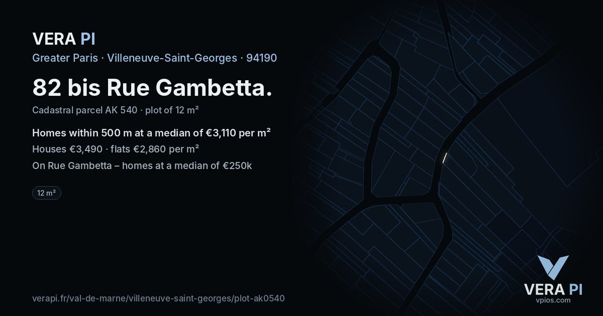 82 bis Rue Gambetta, Villeneuve-Saint-Georges at night – the plot lit, the parcels around coloured by the prices near them