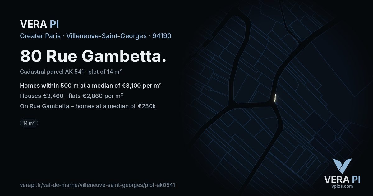 80 Rue Gambetta, Villeneuve-Saint-Georges at night – the plot lit, the parcels around coloured by the prices near them