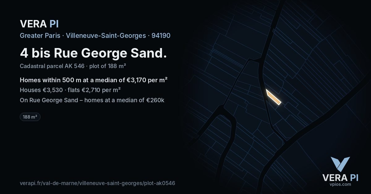 4 bis Rue George Sand, Villeneuve-Saint-Georges at night – the plot lit, the parcels around coloured by the prices near them