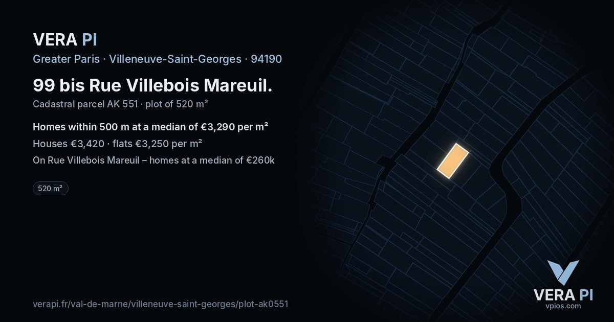 99 bis Rue Villebois Mareuil, Villeneuve-Saint-Georges at night – the plot lit, the parcels around coloured by the prices near them
