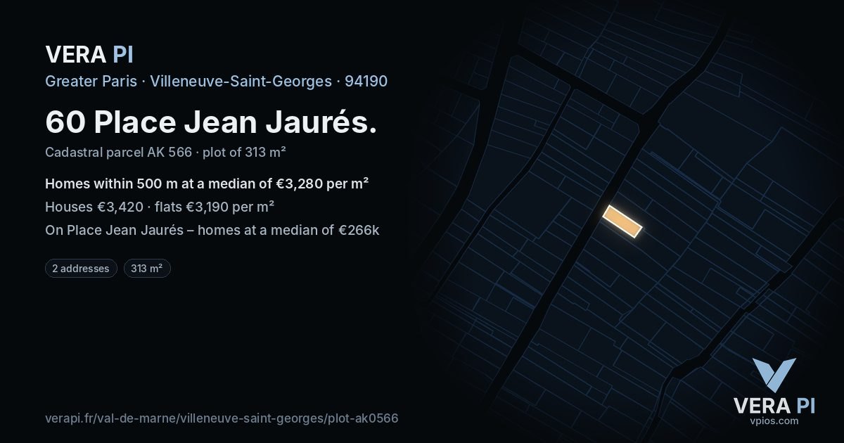 60 Place Jean Jaurés, Villeneuve-Saint-Georges at night – the plot lit, the parcels around coloured by the prices near them