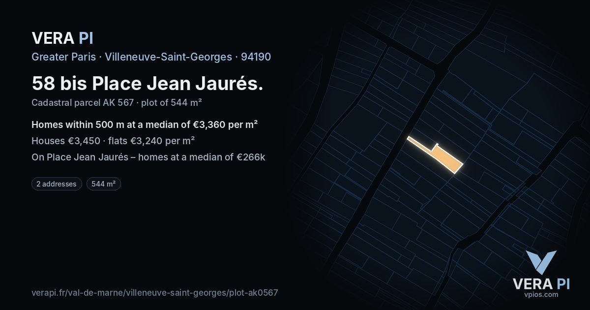 58 bis Place Jean Jaurés, Villeneuve-Saint-Georges at night – the plot lit, the parcels around coloured by the prices near them
