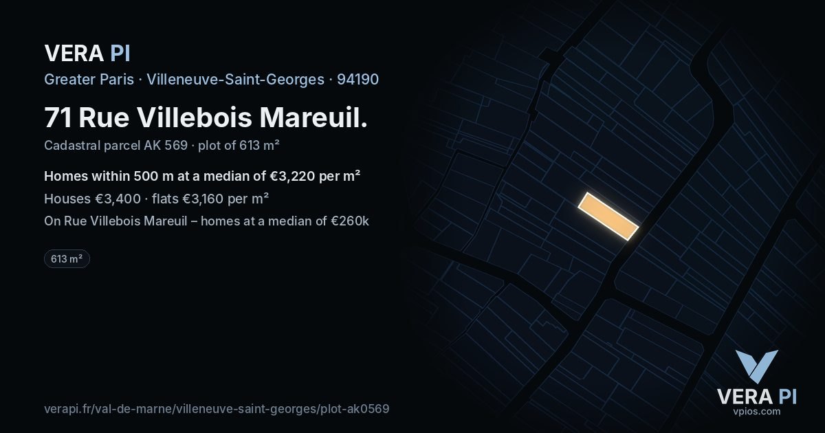 71 Rue Villebois Mareuil, Villeneuve-Saint-Georges at night – the plot lit, the parcels around coloured by the prices near them