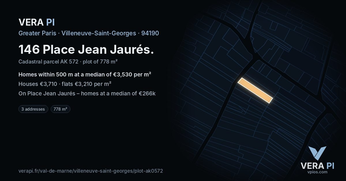 146 Place Jean Jaurés, Villeneuve-Saint-Georges at night – the plot lit, the parcels around coloured by the prices near them