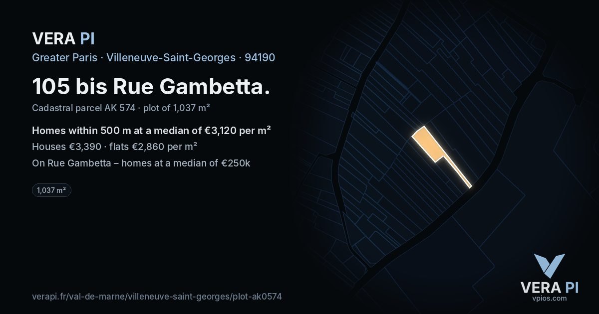 105 bis Rue Gambetta, Villeneuve-Saint-Georges at night – the plot lit, the parcels around coloured by the prices near them