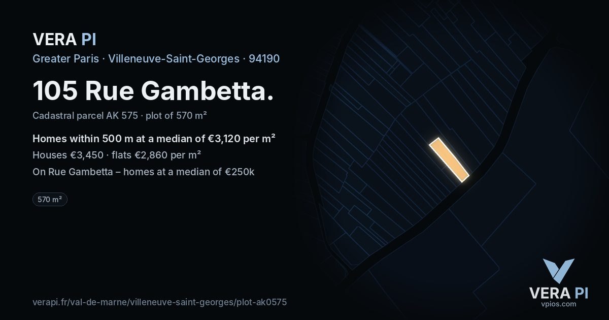 105 Rue Gambetta, Villeneuve-Saint-Georges at night – the plot lit, the parcels around coloured by the prices near them