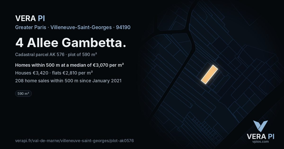 4 Allee Gambetta, Villeneuve-Saint-Georges at night – the plot lit, the parcels around coloured by the prices near them