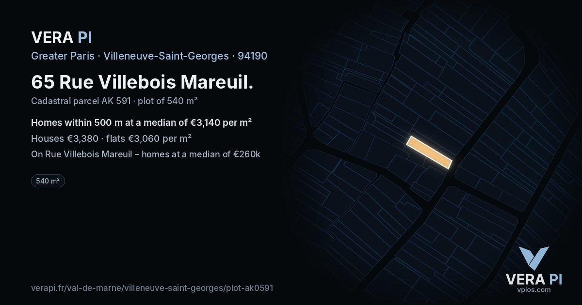65 Rue Villebois Mareuil, Villeneuve-Saint-Georges at night – the plot lit, the parcels around coloured by the prices near them