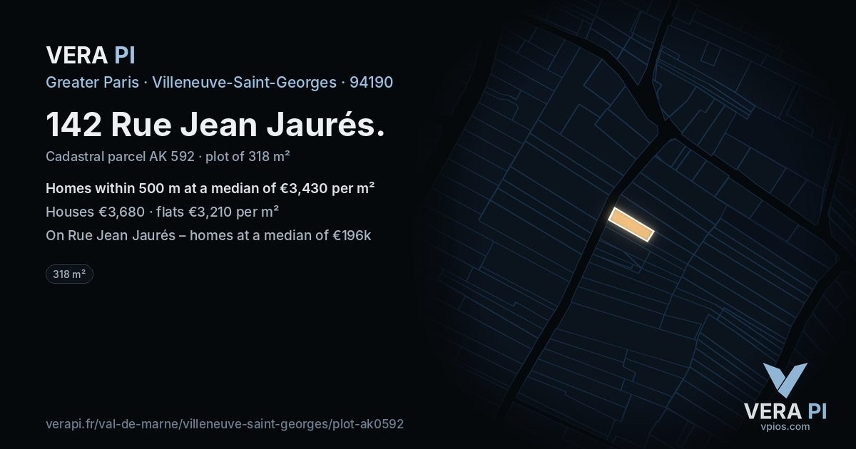 142 Rue Jean Jaurés, Villeneuve-Saint-Georges at night – the plot lit, the parcels around coloured by the prices near them