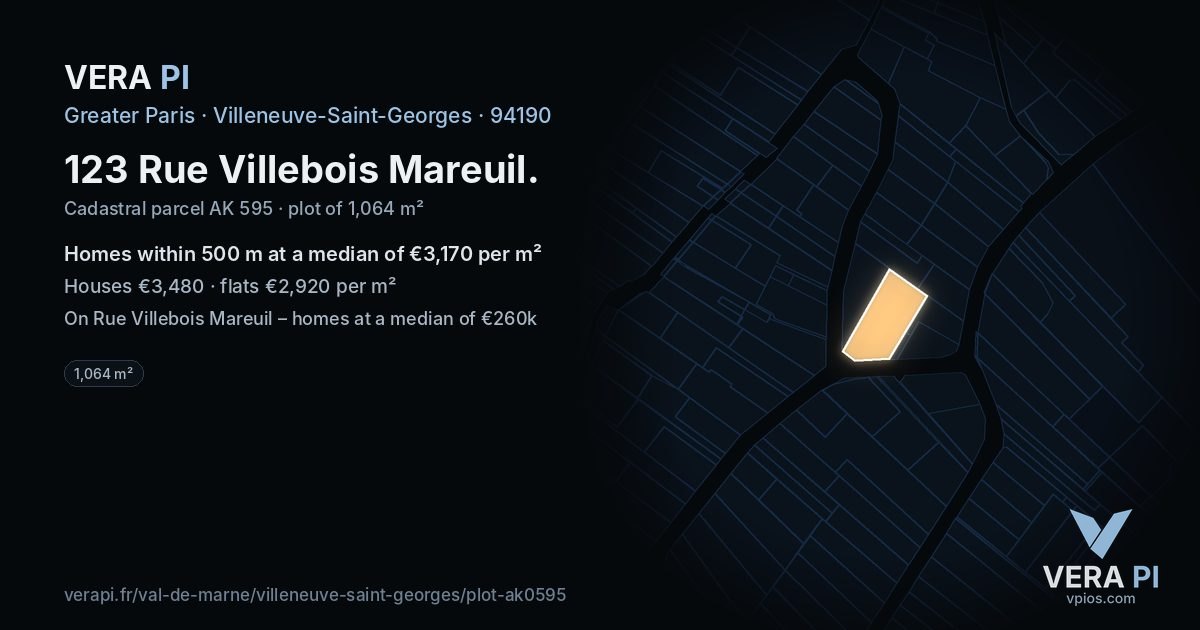 123 Rue Villebois Mareuil, Villeneuve-Saint-Georges at night – the plot lit, the parcels around coloured by the prices near them