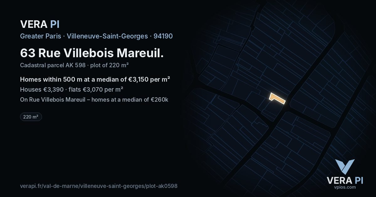 63 Rue Villebois Mareuil, Villeneuve-Saint-Georges at night – the plot lit, the parcels around coloured by the prices near them