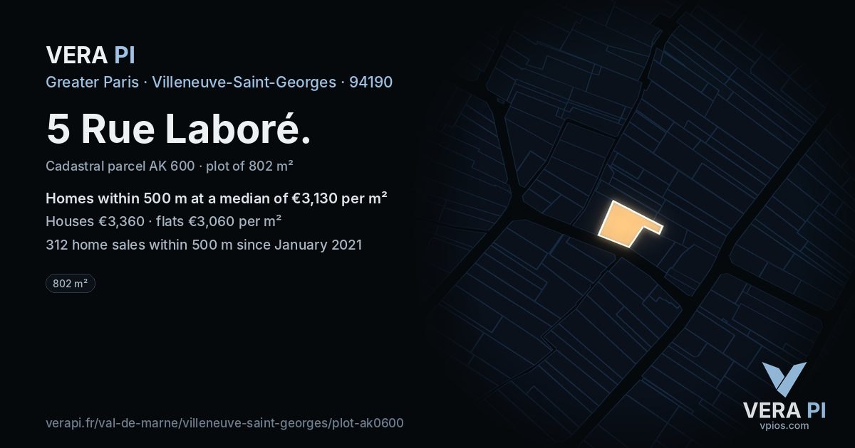 5 Rue Laboré, Villeneuve-Saint-Georges at night – the plot lit, the parcels around coloured by the prices near them