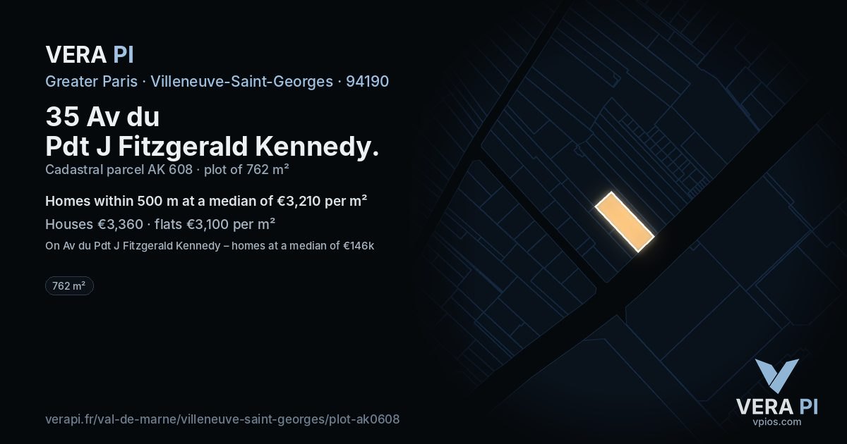 35 Av du Pdt J Fitzgerald Kennedy, Villeneuve-Saint-Georges at night – the plot lit, the parcels around coloured by the prices near them