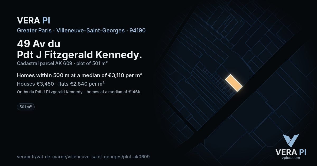 49 Av du Pdt J Fitzgerald Kennedy, Villeneuve-Saint-Georges at night – the plot lit, the parcels around coloured by the prices near them
