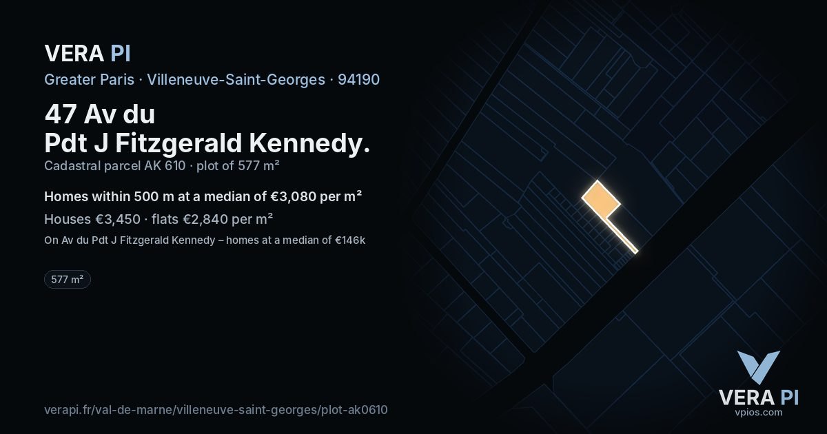 47 Av du Pdt J Fitzgerald Kennedy, Villeneuve-Saint-Georges at night – the plot lit, the parcels around coloured by the prices near them
