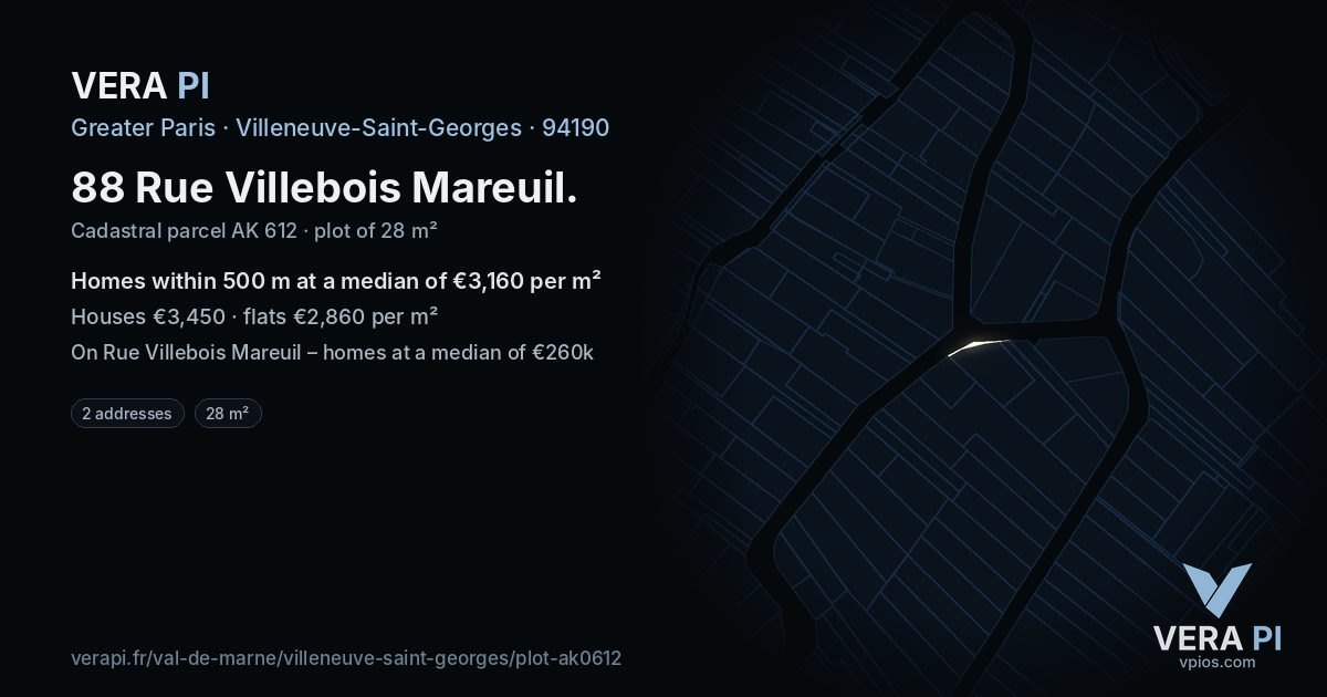88 Rue Villebois Mareuil, Villeneuve-Saint-Georges at night – the plot lit, the parcels around coloured by the prices near them