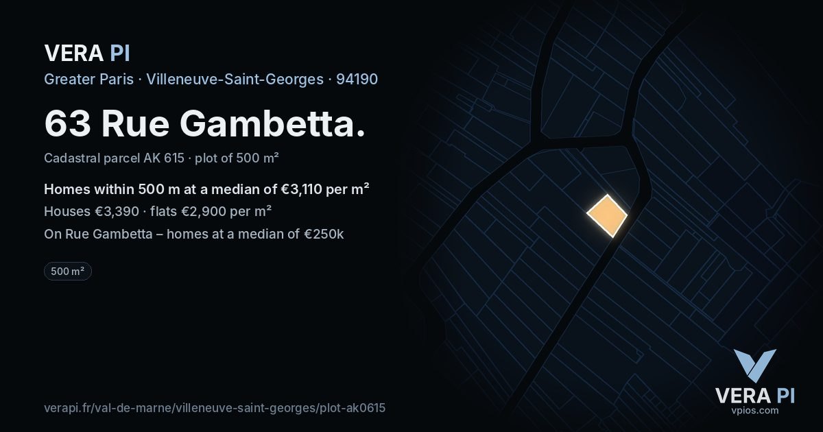 63 Rue Gambetta, Villeneuve-Saint-Georges at night – the plot lit, the parcels around coloured by the prices near them