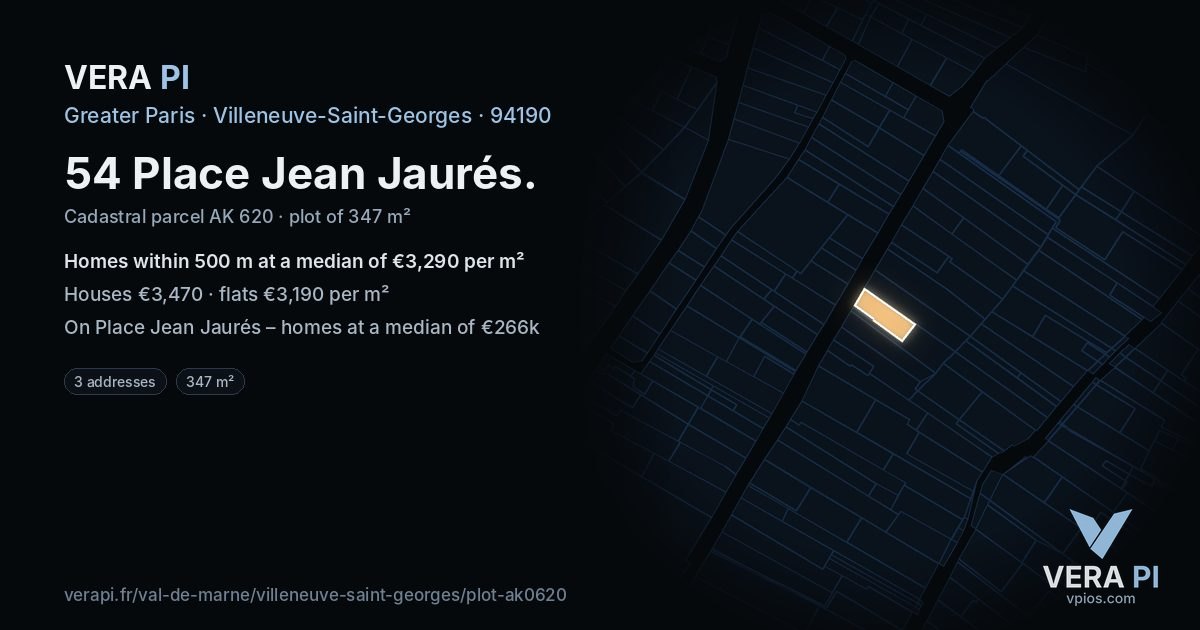 54 Place Jean Jaurés, Villeneuve-Saint-Georges at night – the plot lit, the parcels around coloured by the prices near them