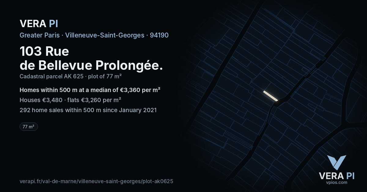 103 Rue de Bellevue Prolongée, Villeneuve-Saint-Georges at night – the plot lit, the parcels around coloured by the prices near them