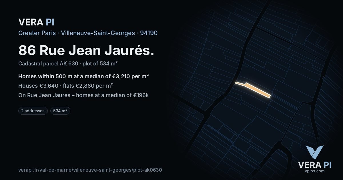 86 Rue Jean Jaurés, Villeneuve-Saint-Georges at night – the plot lit, the parcels around coloured by the prices near them