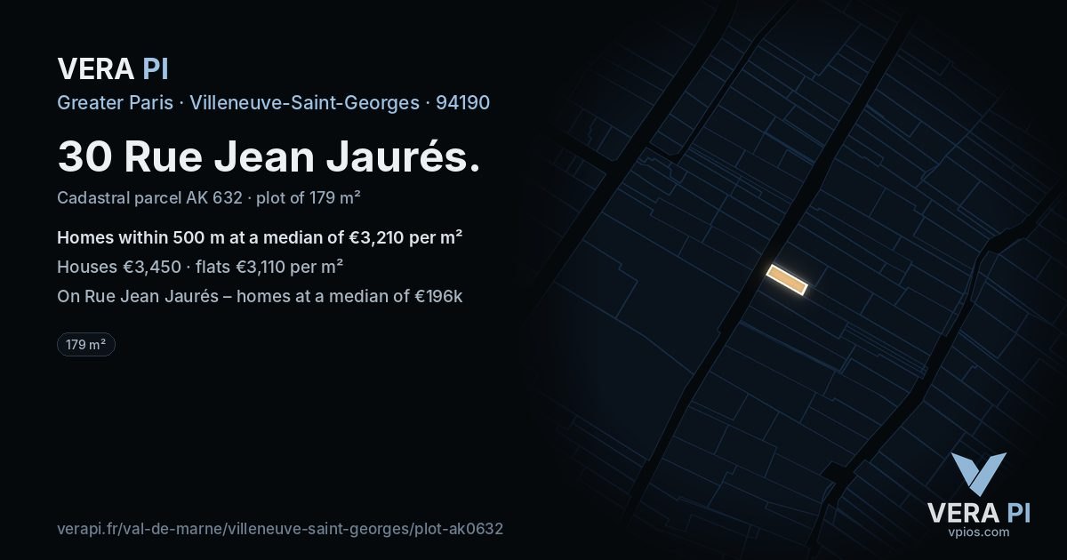 30 Rue Jean Jaurés, Villeneuve-Saint-Georges at night – the plot lit, the parcels around coloured by the prices near them