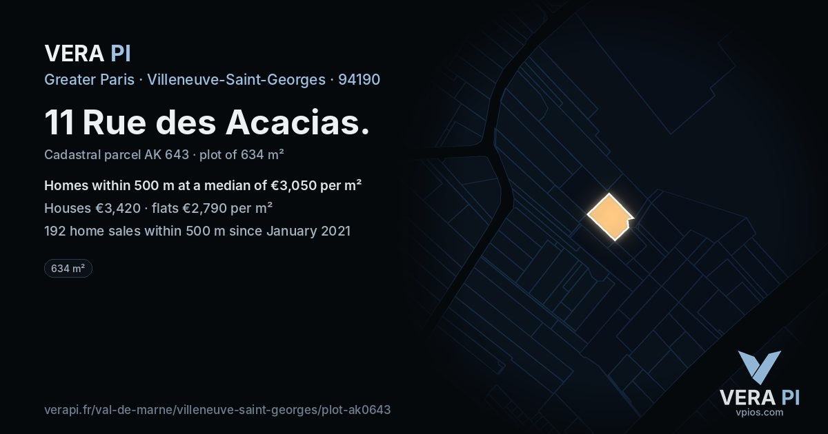 11 Rue des Acacias, Villeneuve-Saint-Georges at night – the plot lit, the parcels around coloured by the prices near them