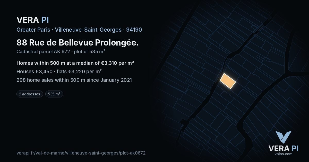 88 Rue de Bellevue Prolongée, Villeneuve-Saint-Georges at night – the plot lit, the parcels around coloured by the prices near them