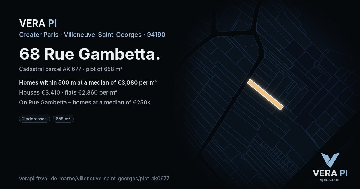 68 Rue Gambetta, Villeneuve-Saint-Georges at night – the plot lit, the parcels around coloured by the prices near them