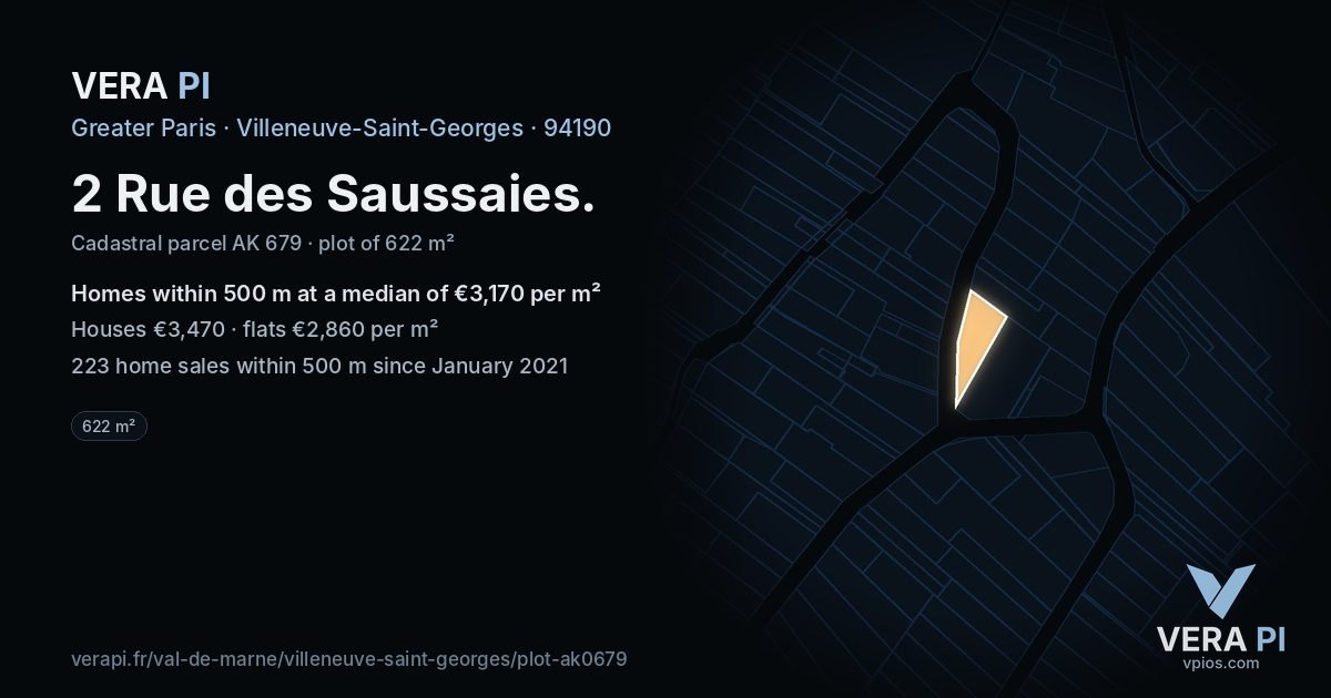 2 Rue des Saussaies, Villeneuve-Saint-Georges at night – the plot lit, the parcels around coloured by the prices near them