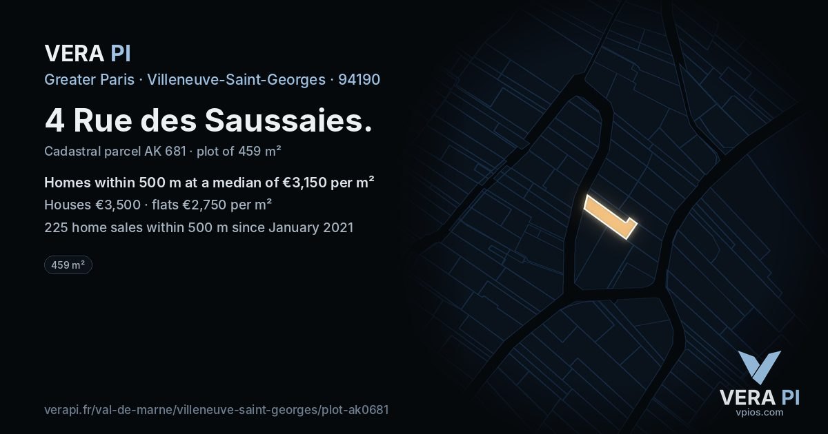 4 Rue des Saussaies, Villeneuve-Saint-Georges at night – the plot lit, the parcels around coloured by the prices near them
