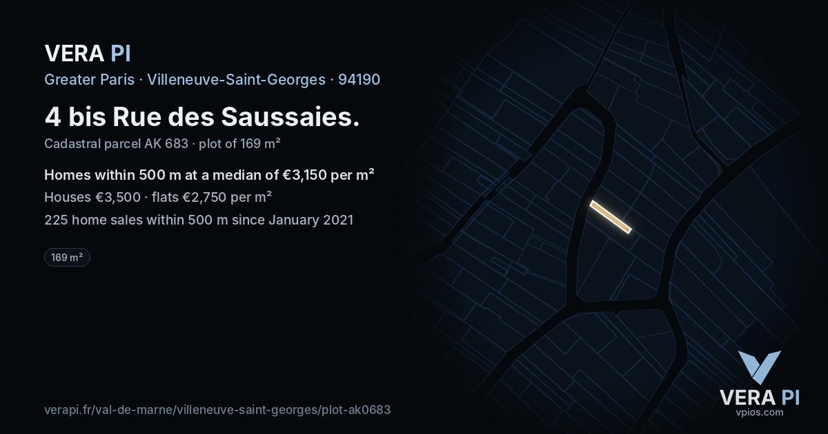 4 bis Rue des Saussaies, Villeneuve-Saint-Georges at night – the plot lit, the parcels around coloured by the prices near them