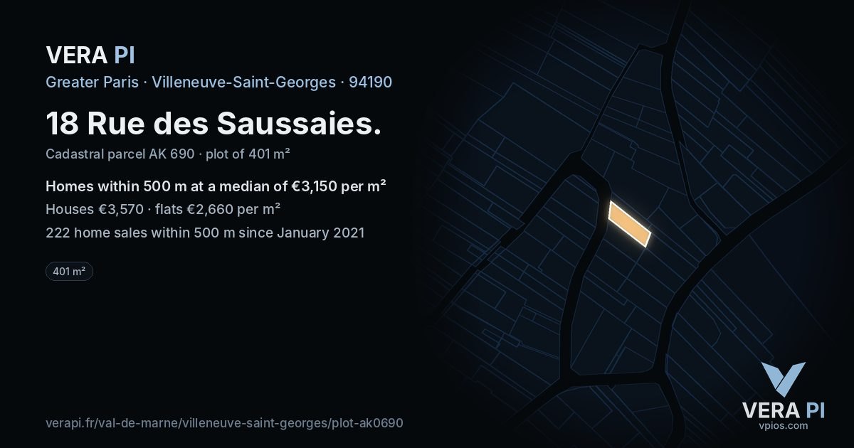18 Rue des Saussaies, Villeneuve-Saint-Georges at night – the plot lit, the parcels around coloured by the prices near them