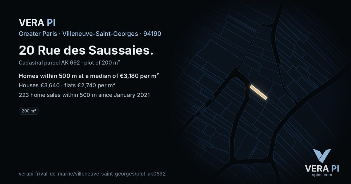 20 Rue des Saussaies, Villeneuve-Saint-Georges at night – the plot lit, the parcels around coloured by the prices near them