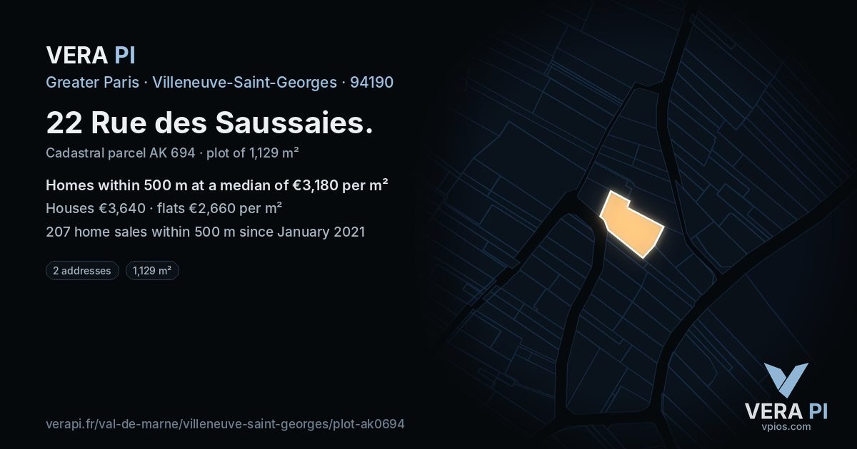 22 Rue des Saussaies, Villeneuve-Saint-Georges at night – the plot lit, the parcels around coloured by the prices near them