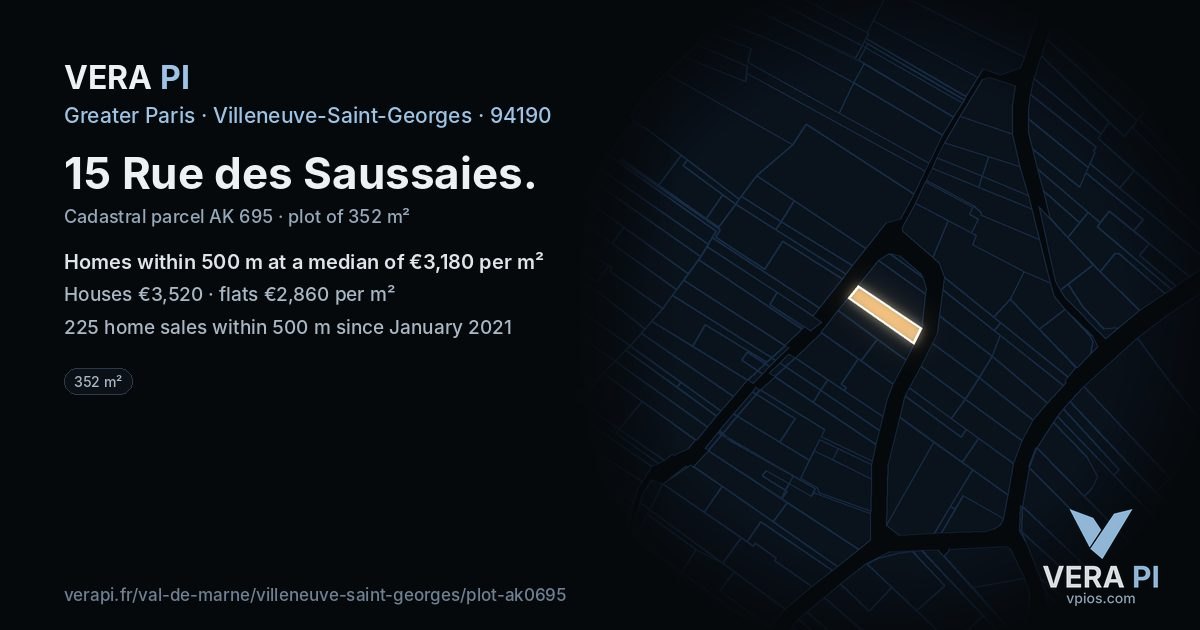 15 Rue des Saussaies, Villeneuve-Saint-Georges at night – the plot lit, the parcels around coloured by the prices near them