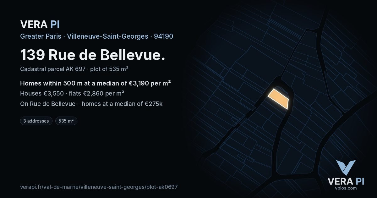139 Rue de Bellevue, Villeneuve-Saint-Georges at night – the plot lit, the parcels around coloured by the prices near them