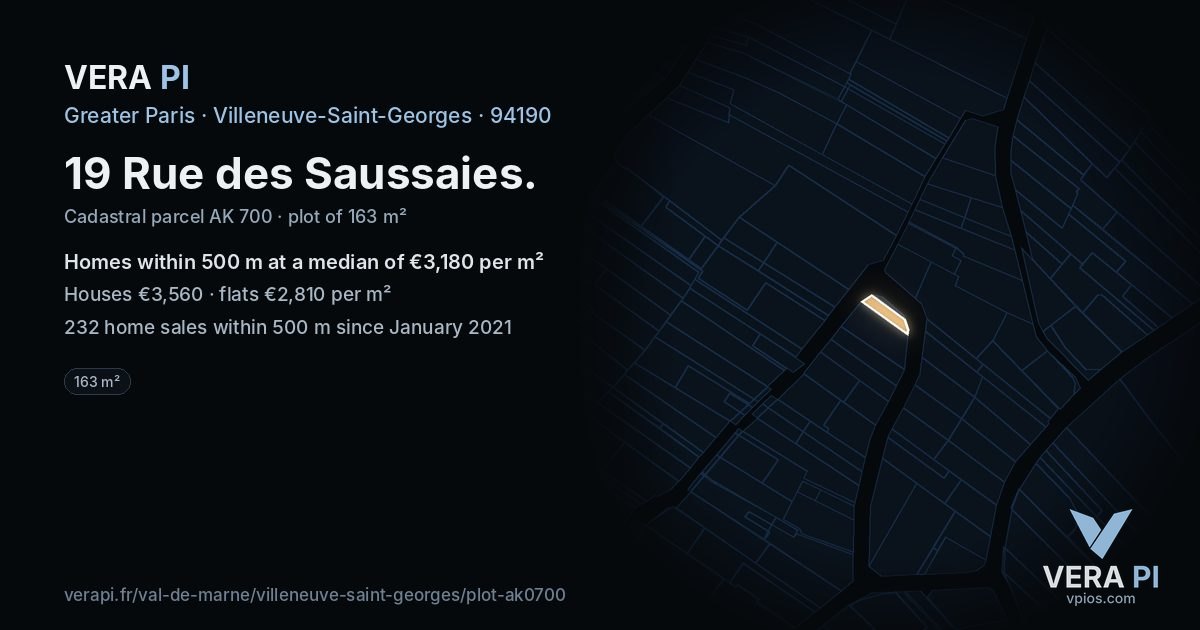19 Rue des Saussaies, Villeneuve-Saint-Georges at night – the plot lit, the parcels around coloured by the prices near them