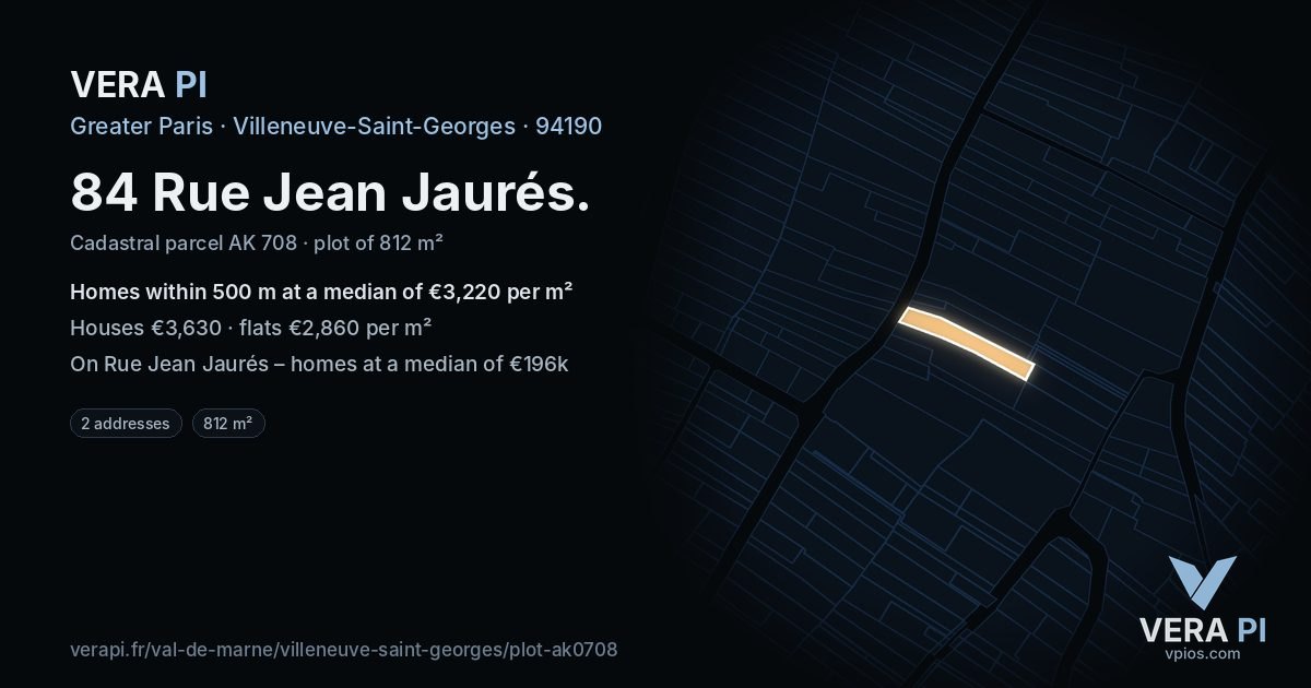 84 Rue Jean Jaurés, Villeneuve-Saint-Georges at night – the plot lit, the parcels around coloured by the prices near them
