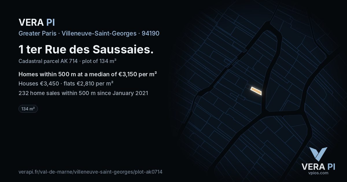 1 ter Rue des Saussaies, Villeneuve-Saint-Georges at night – the plot lit, the parcels around coloured by the prices near them