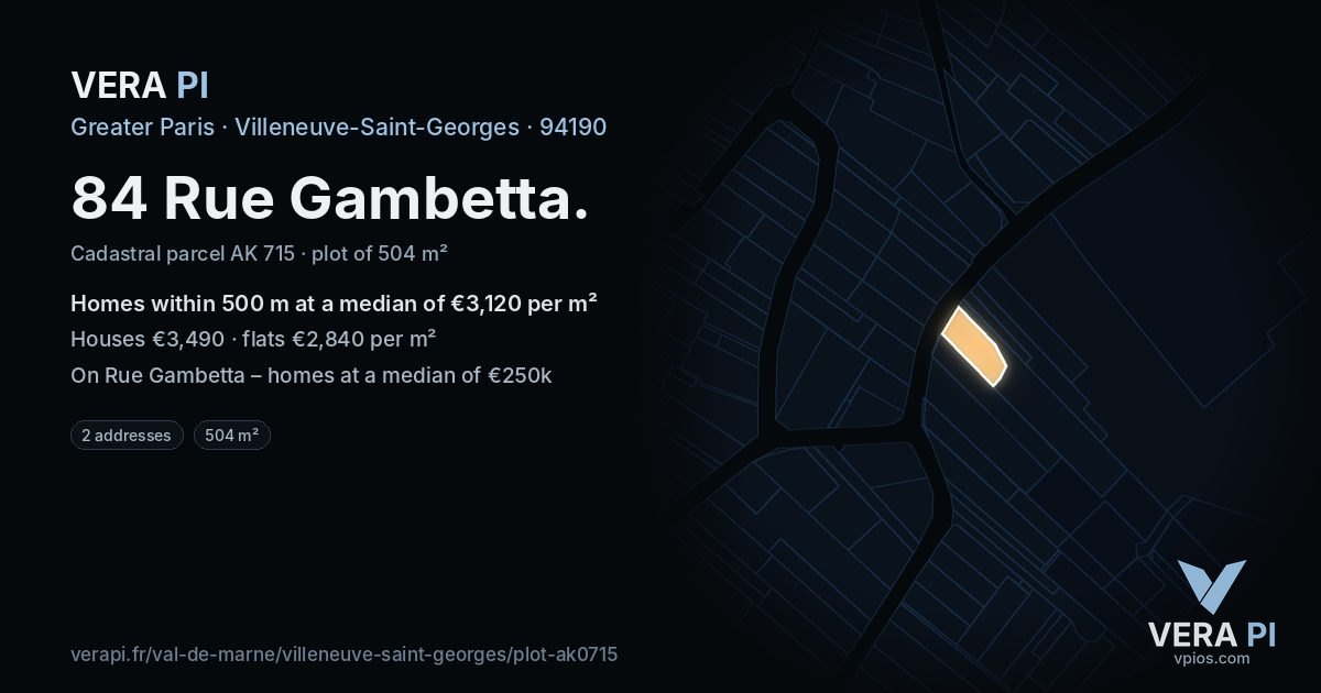 84 Rue Gambetta, Villeneuve-Saint-Georges at night – the plot lit, the parcels around coloured by the prices near them